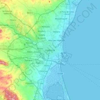 Mapa topográfico Valencia, altitud, relieve