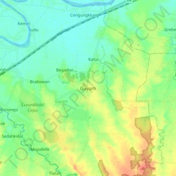 Mapa topográfico Gayam, altitud, relieve
