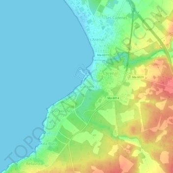 Mapa topográfico Son Verí, altitud, relieve