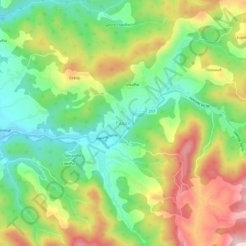 Mapa topográfico Radalj, altitud, relieve
