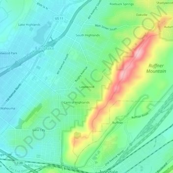 Mapa topográfico Lakewood, altitud, relieve