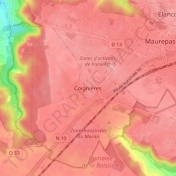 Mapa topográfico Coignières, altitud, relieve