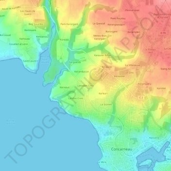 Mapa topográfico Lanadan Creiz, altitud, relieve
