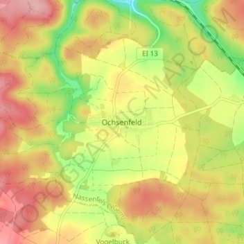 Mapa topográfico Ochsenfeld, altitud, relieve