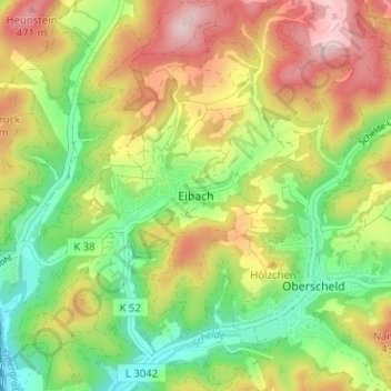Mapa topográfico Eibach, altitud, relieve