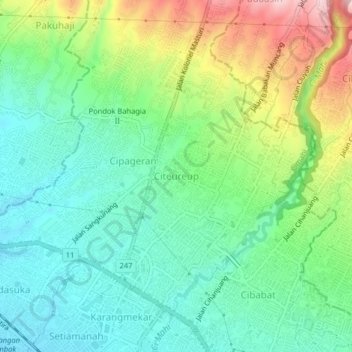Mapa topográfico Citeureup, altitud, relieve