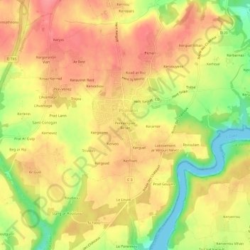 Mapa topográfico Pennanguer Bihan, altitud, relieve