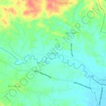 Mapa topográfico Konang, altitud, relieve