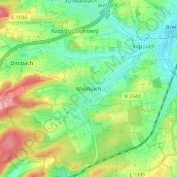Mapa topográfico Waldbach, altitud, relieve