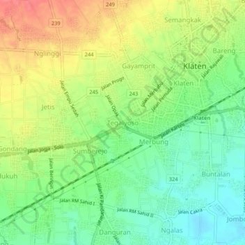 Mapa topográfico Tegalyoso, altitud, relieve