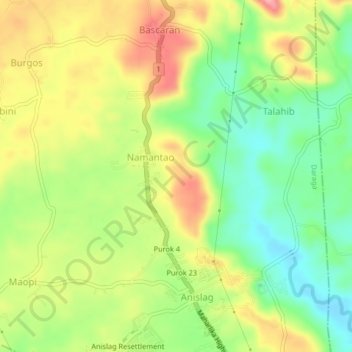 Mapa topográfico Namantao, altitud, relieve
