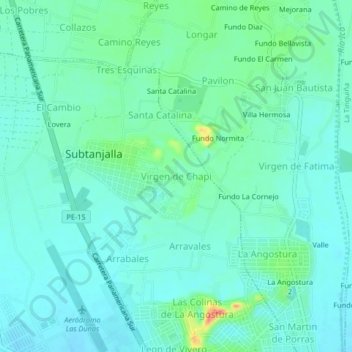 Mapa topográfico Virgen de Chapi, altitud, relieve