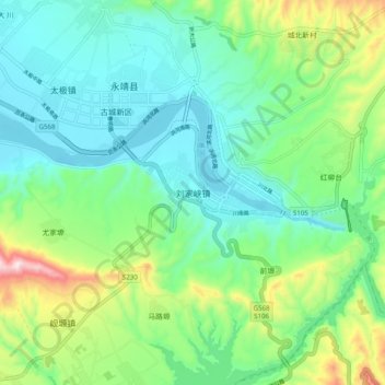 Mapa topográfico 刘家峡镇, altitud, relieve
