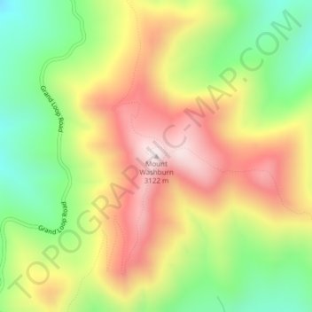 Mapa topográfico Mount Washburn, altitud, relieve