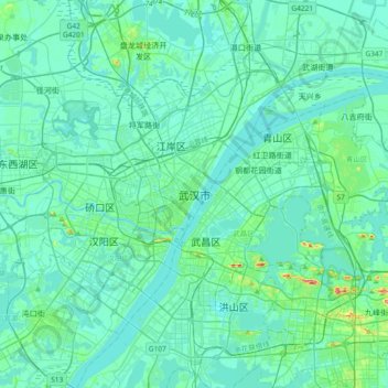 Mapa topográfico 武汉市, altitud, relieve