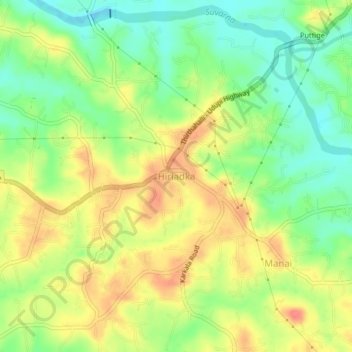 Mapa topográfico Hiriadka, altitud, relieve