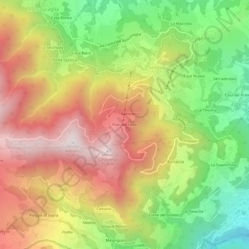 Mapa topográfico Pian del Falco, altitud, relieve