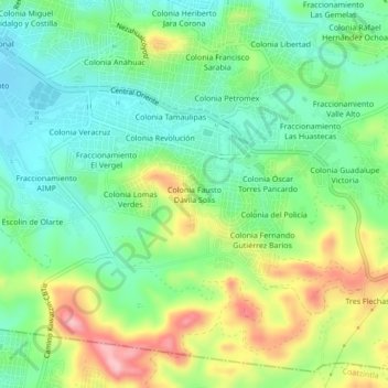 Mapa topográfico Colonia Fausto Dávila Solís, altitud, relieve