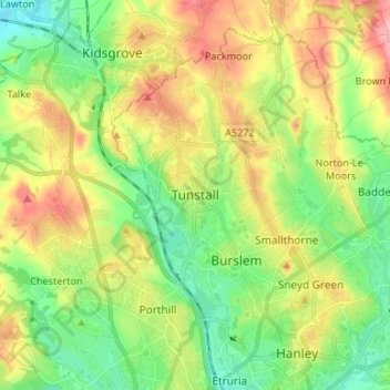Mapa topográfico Tunstall, altitud, relieve