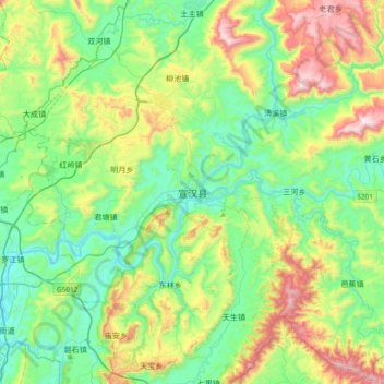 Mapa topográfico 宣汉县, altitud, relieve