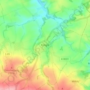 Mapa topográfico Krögis, altitud, relieve