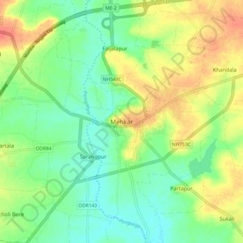 Mapa topográfico Mehkar, altitud, relieve
