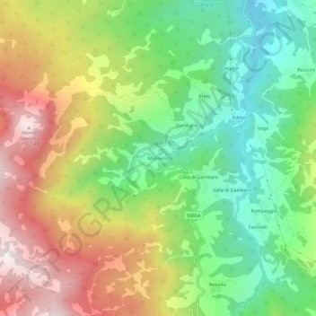 Mapa topográfico Molinello, altitud, relieve