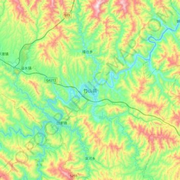 Mapa topográfico 竹山县, altitud, relieve