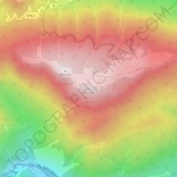 Mapa topográfico Monte Jouf, altitud, relieve