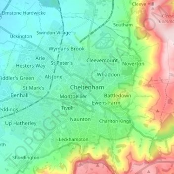 Mapa topográfico Cheltenham, altitud, relieve