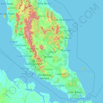 Mapa topográfico Pahang, altitud, relieve