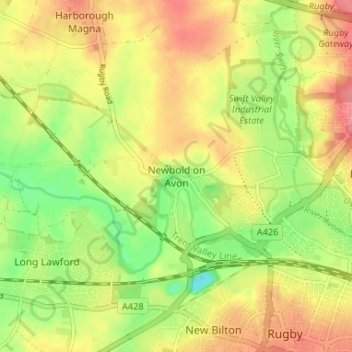Mapa topográfico Newbold on Avon, altitud, relieve