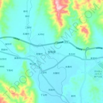 Mapa topográfico 忠信镇, altitud, relieve
