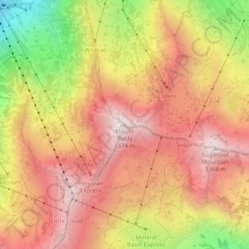 Mapa topográfico Mount Baldy, altitud, relieve