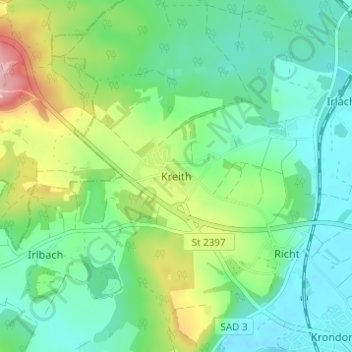 Mapa topográfico Kreith, altitud, relieve