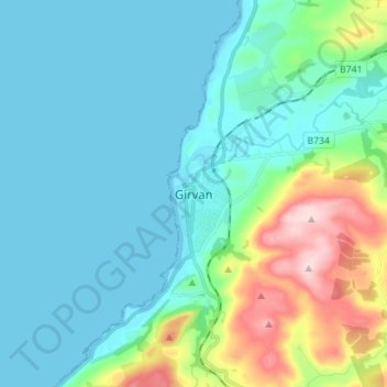 Mapa topográfico Girvan, altitud, relieve
