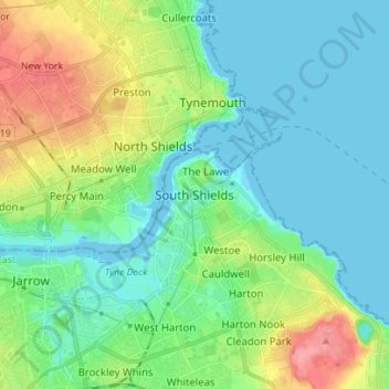 Mapa topográfico South Shields, altitud, relieve