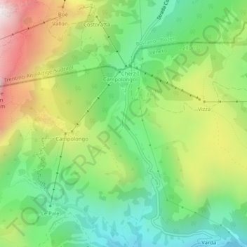 Mapa topográfico Passo Campolongo, altitud, relieve