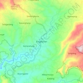 Mapa topográfico Pagelaran, altitud, relieve
