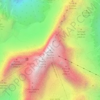 Mapa topográfico Monte Civetta, altitud, relieve