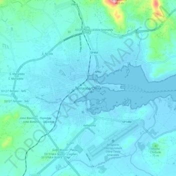 Mapa topográfico Olbia, altitud, relieve