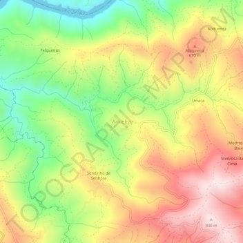 Mapa topográfico Amieira, altitud, relieve