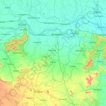 Mapa topográfico Bhagalpur, altitud, relieve