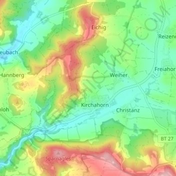 Mapa topográfico Dentlein, altitud, relieve