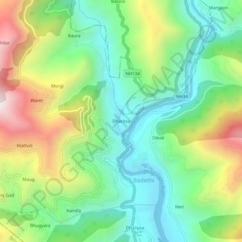 Mapa topográfico Dharāsu, altitud, relieve