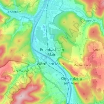 Mapa topográfico Erlenbach am Main, altitud, relieve