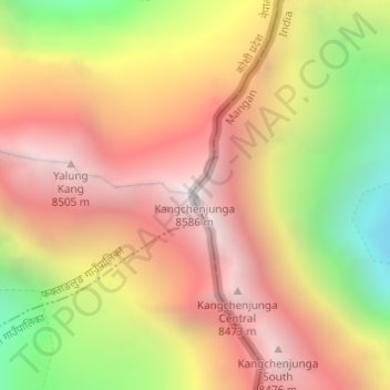 Mapa topográfico Kangchenjunga, altitud, relieve
