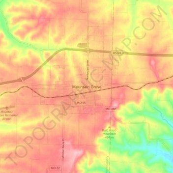 Mapa topográfico Mountain Grove, altitud, relieve