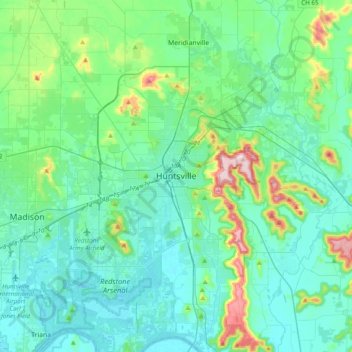Mapa topográfico Huntsville, altitud, relieve