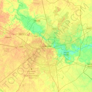 Mapa topográfico Lucknow, altitud, relieve